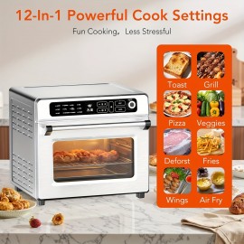 12-in-1 Portable Air Fryer Toaster Oven with Grill, Broil & Convection Bake - Large Capacity 6.34gal Stainless Steel Oven, 1400W Power, LED Touchscreen & Knob Control, Compact Design 
