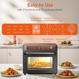 12-in-1 Portable Air Fryer Toaster Oven with Grill, Broil & Convection Bake - Large Capacity 6.34gal Stainless Steel Oven, 1400W Power, LED Touchscreen & Knob Control, Compact Design 