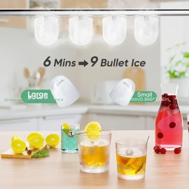 Ice Maker with A Handle On The Countertop. It Can Make 9 Bullet-shaped Ice Cubes In 6 Minutes, with A 24-hour Ice-making Capacity Of 26 Pounds. It Is Equipped with An Automatic Cleaning Function And Comes with An Ice Basket And An Ice Scoop.