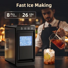 Portable Countertop Ice Maker Machine - 8 Cubes in 6 Mins, 26 lbs/24H, Self-Cleaning Compact Ice Maker with 27.05oz Tank & 1.1lb Bin, Fast Ice Production for Home, RV, Camping, Parties, Plug-in (110V) with Scoop & Basket