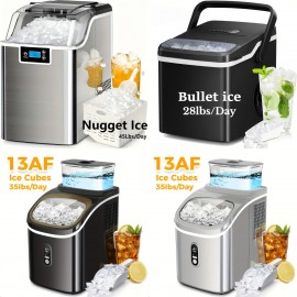 Multi-Gauge Commercial Ice Machine Countertop, 28/35/45 Lb/Day, Self-Cleaning, 24 Hour Timer, LED Panel with Ice Scoop, Bullet Ice/Nugget/Cube Ice Maker, Home/Bar/Party, with Ice Basket