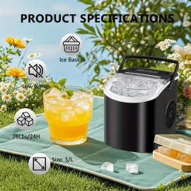 Saeoola Countertop Ice Maker Machine, Makes 9 Ice Cubes In 7 Minutes, Self-Cleaning Ice Maker With Ice Scoop And Basket, 2 Sizes Of Bullet Ice For Home, Kitchen, Camping, Party, RV. (BLACK)