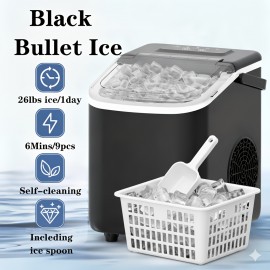 Ice Maker Machine For Countertop 30 Pound Bullet Ice Machine, Portable Bullet Ice Machine Can Produce 9pcs Of Bullet Ice In 6 Minutes, With Automatic Cleaning Function For Baskets And Spoons, And Can Be Operated With One Click For Campings