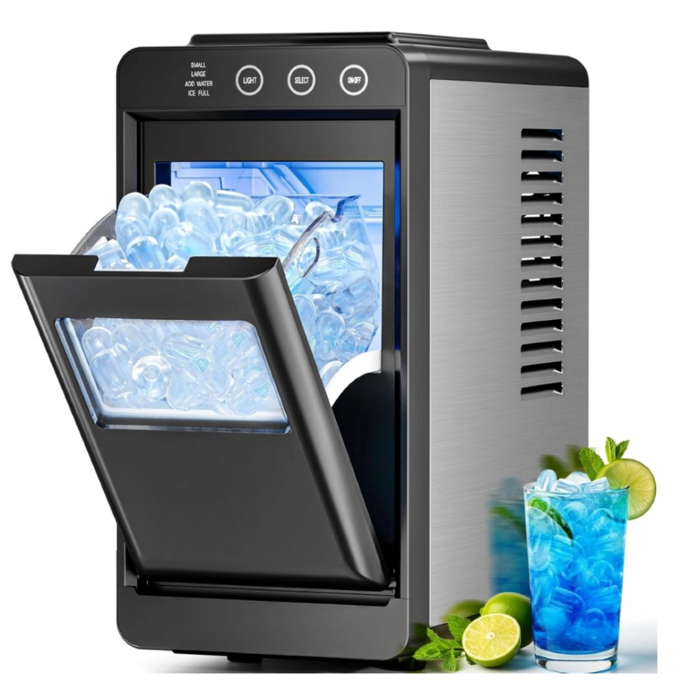 Portable Countertop Ice Maker Machine - 8 Cubes in 6 Mins, 26 lbs/24H, Self-Cleaning Compact Ice Maker with 27.05oz Tank & 1.1lb Bin, Fast Ice Production for Home, RV, Camping, Parties, Plug-in (110V) with Scoop & Basket